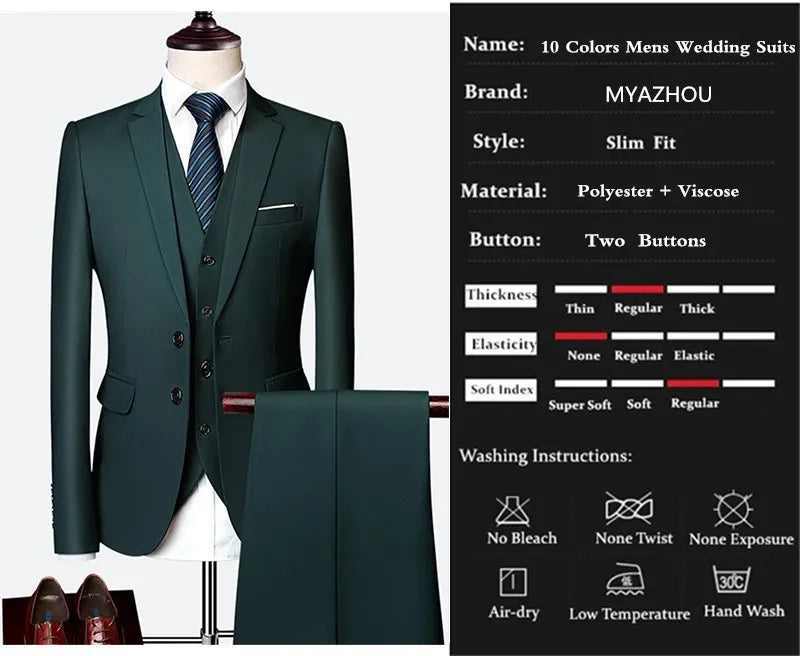 Luxury 3 piece men's wedding suit fashion men's slim solid color business office suit sets large size men Blazer+ pants + vest - BOC-WEAR