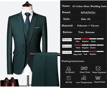 Luxury 3 piece men's wedding suit fashion men's slim solid color business office suit sets large size men Blazer+ pants + vest - BOC-WEAR