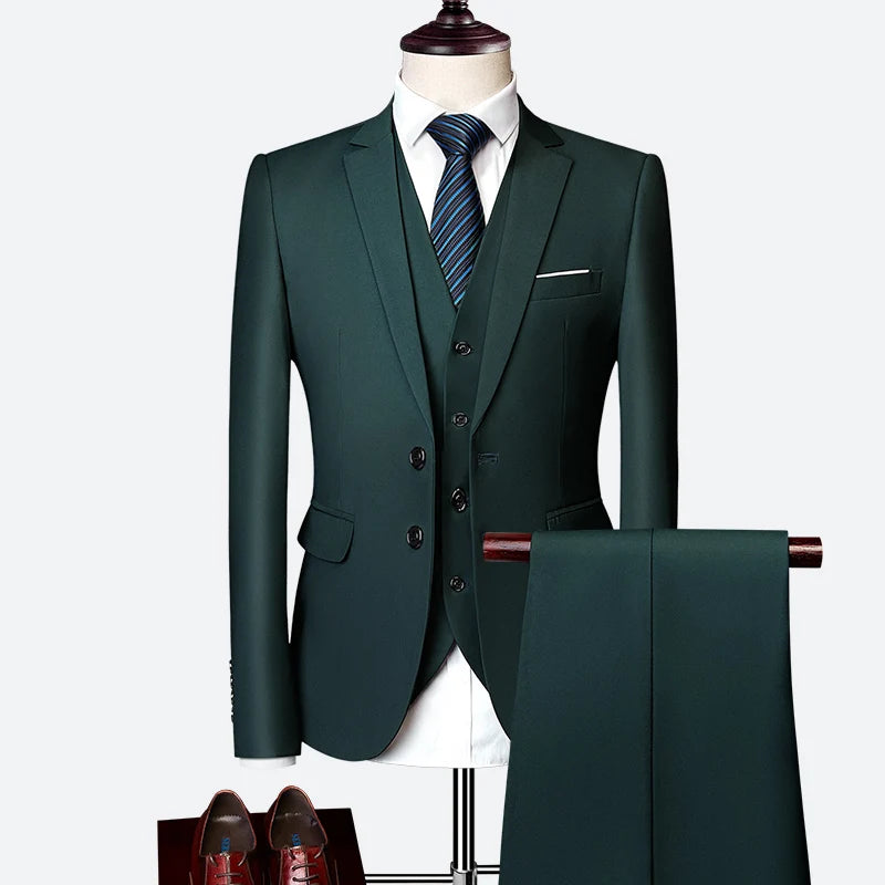 Luxury 3 piece men's wedding suit fashion men's slim solid color business office suit sets large size men Blazer+ pants + vest - BOC-WEAR
