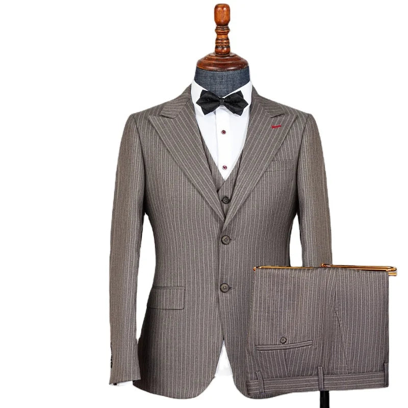 Men's Elegant Khaki Striped Three-Piece Suit High-End Casual Professional Style Adults Flat Front - BOC-WEAR