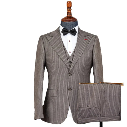 Men's Elegant Khaki Striped Three-Piece Suit High-End Casual Professional Style Adults Flat Front - BOC-WEAR