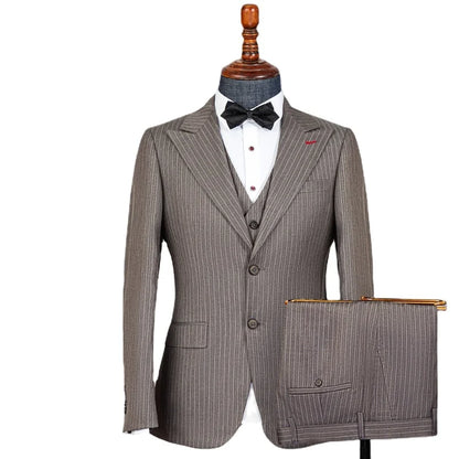 Men's Elegant Khaki Striped 3-Piece Suit - High-End Casual Professional Business Suit Set - BOC-WEAR