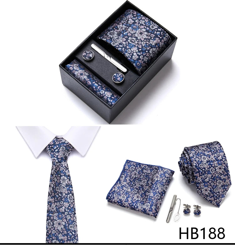 Top Grade Holiday Gift Box 7.5 cm Green Print Tie Pocket Squares Cufflink Set Gravatas Man Suit Accessories Fit Formal Party - BOC-WEAR