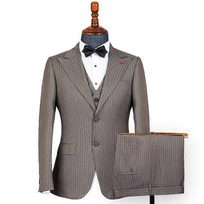 Men's Elegant Khaki Striped Three-Piece Suit High-End Casual Professional Style Adults Flat Front - BOC-WEAR
