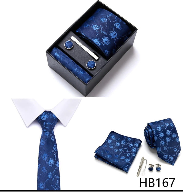 Top Grade Holiday Gift Box 7.5 cm Green Print Tie Pocket Squares Cufflink Set Gravatas Man Suit Accessories Fit Formal Party - BOC-WEAR