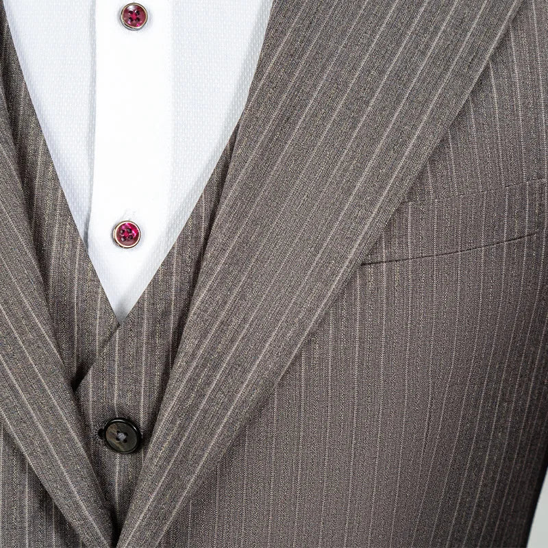 Men's Elegant Khaki Striped 3-Piece Suit - High-End Casual Professional Business Suit Set - BOC-WEAR