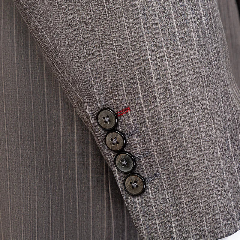 Men's Elegant Khaki Striped 3-Piece Suit - High-End Casual Professional Business Suit Set - BOC-WEAR