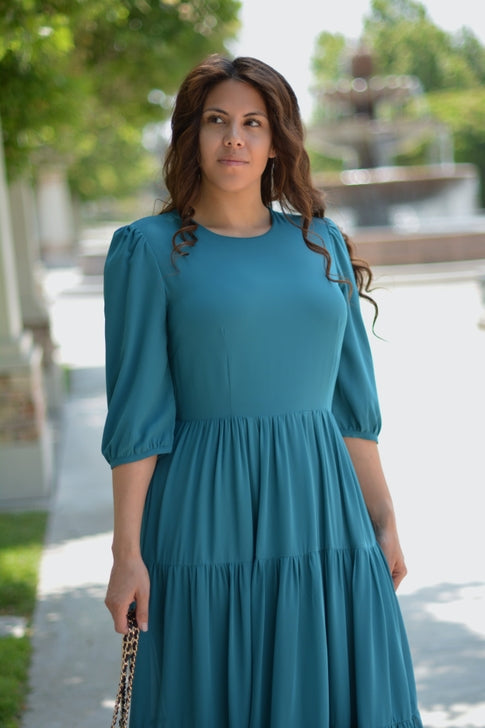 BOC-WEAR Marbella Teal Maxi Dress - Tiered Maxi Dress with 3/4 Sleeves - BOC-WEAR