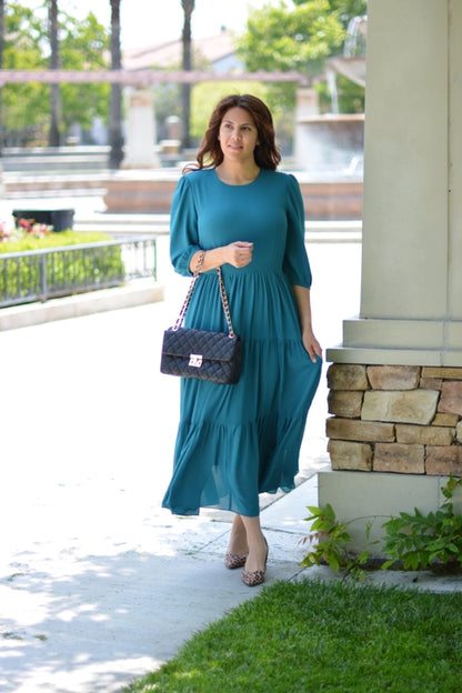 BOC-WEAR Marbella Teal Maxi Dress - Tiered Maxi Dress with 3/4 Sleeves - BOC-WEAR