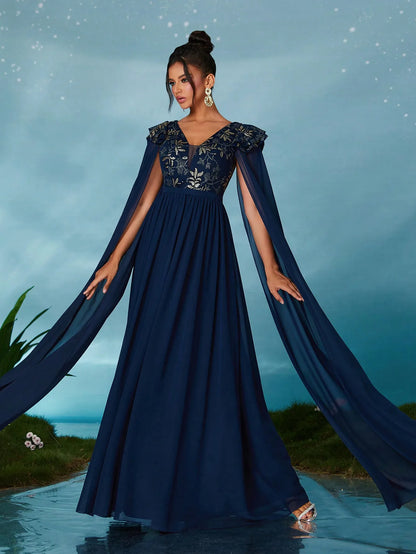 High-end evening dress with V-neck embroidered sequins, lotus leaf pearl chiffon and flappable sleeves