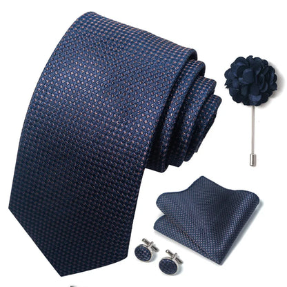 Luxury Men's Floral Tie Set - Black Gold Paisley Necktie with Pocket Square, Cufflinks & Brooch - BOC-WEAR