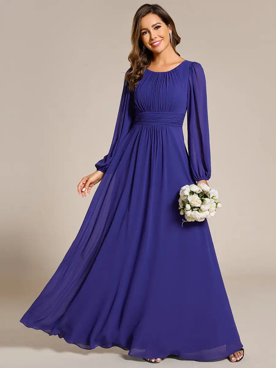 JAEL Classic Evening Dress - Round Neck A-Line Bridesmaid Dress with Lantern Sleeves