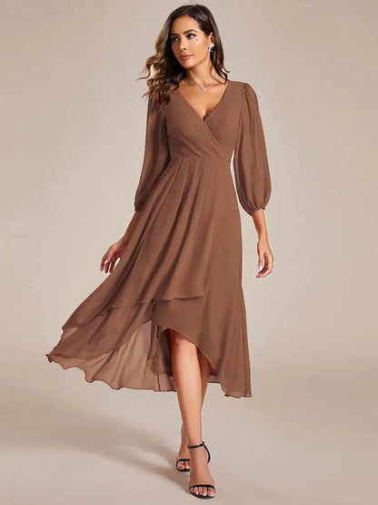 JAEL Classic Evening Dress - Round Neck A-Line Bridesmaid Dress with Lantern Sleeves