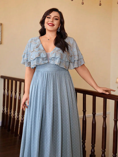 V-neck, double-layered shawl sleeves, chiffon, gold thread embroidery, large hem, bright silk long dress