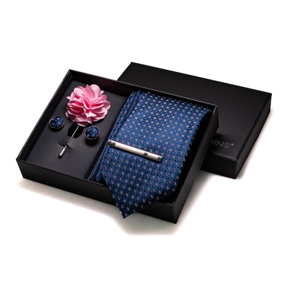 Navy blue Silk Necktie Paisley Floral Mens Tie Pocket Square Cufflinks Set Quality Business Wedding Birthday Gift Box Gravatas - BOC-WEAR