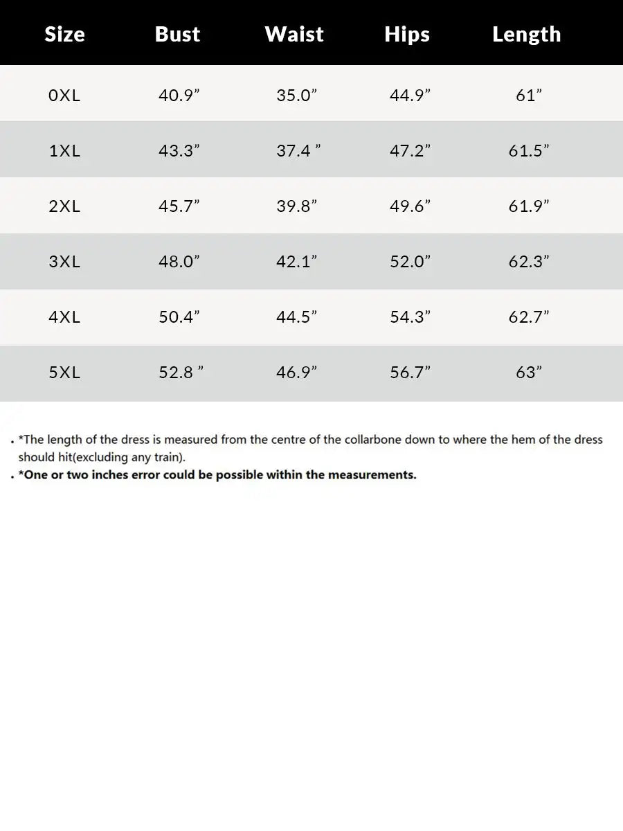 Measurement chart for dresses with size, bust, waist, hips, and length details.