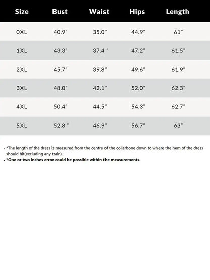 Measurement chart for dresses with size, bust, waist, hips, and length details.