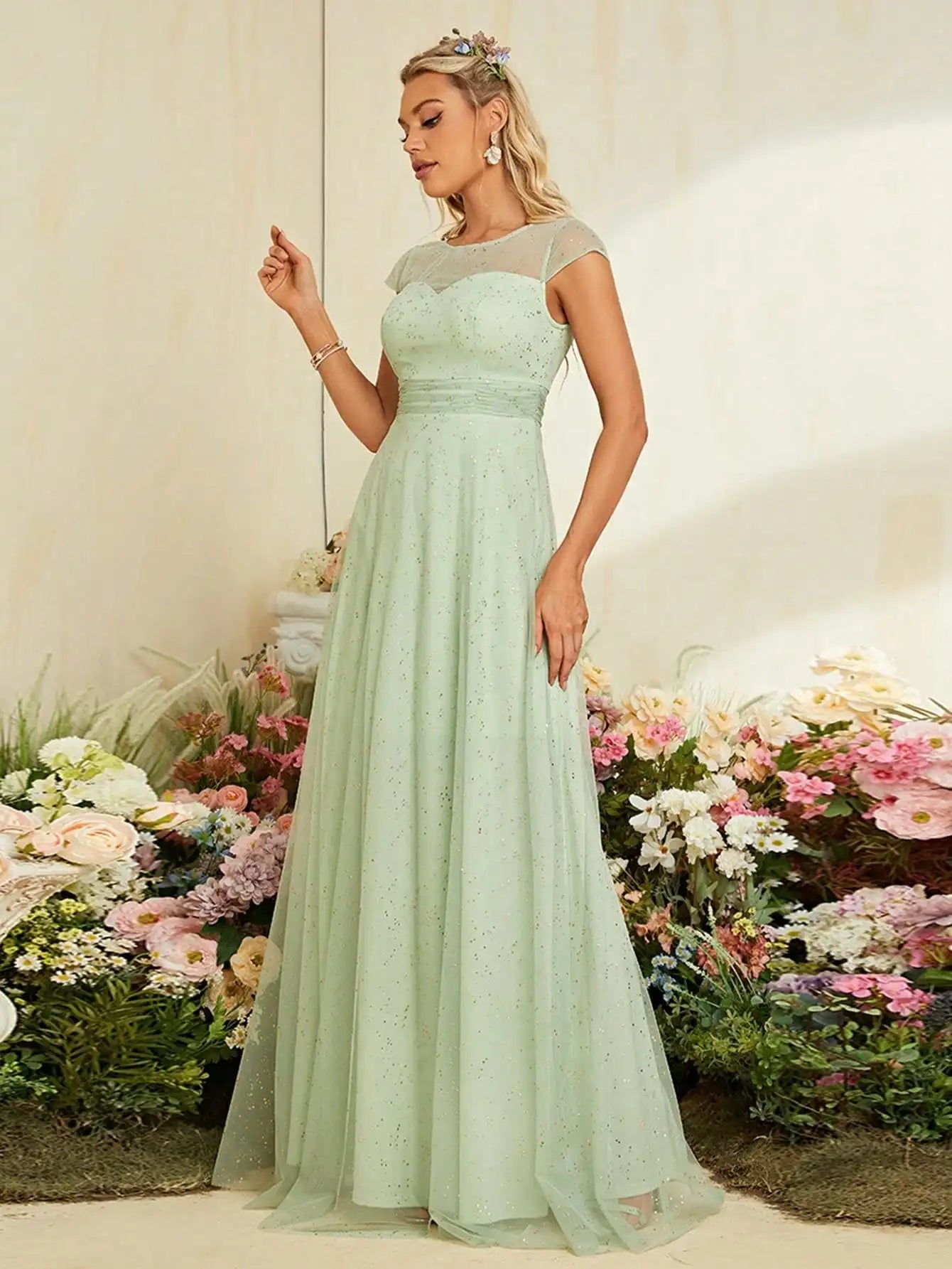 Gold Mesh Short Sleeve Evening Gown