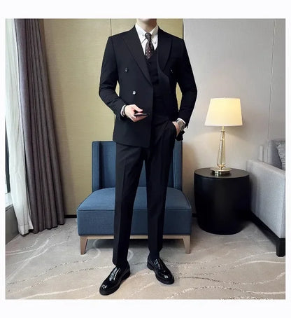 Men's Slim Fit Business Suit Set - Double Breasted Wedding Groom Suit with Pants | British Style - BOC-WEAR