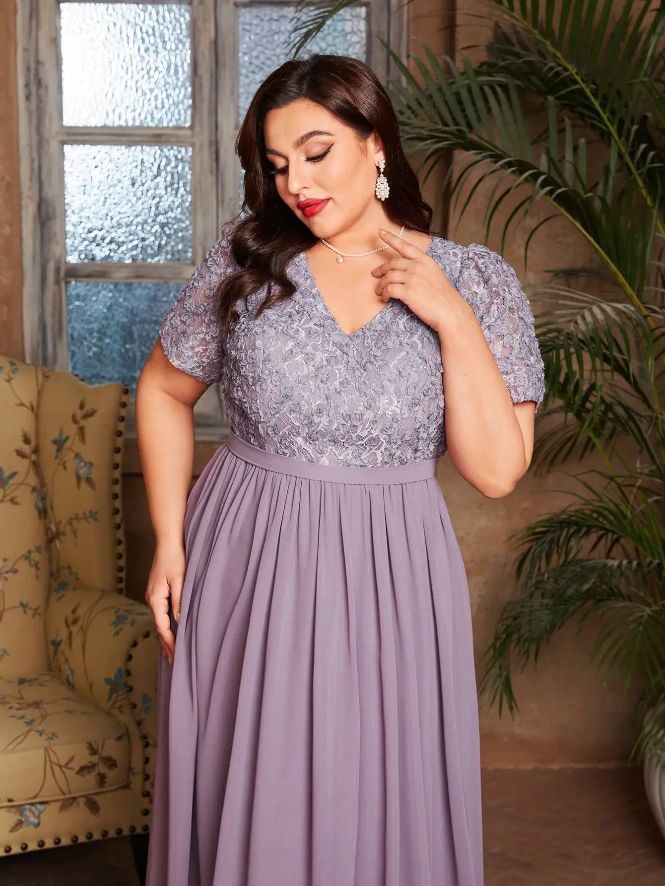 V-neck romantic three-dimensional floral short-sleeved chiffon long dress with patchwork