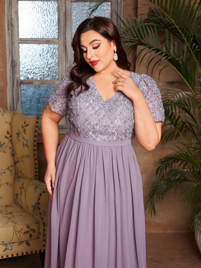 V-neck romantic three-dimensional floral short-sleeved chiffon long dress with patchwork