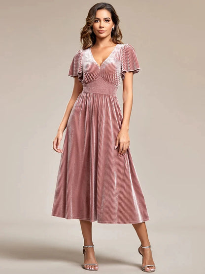Elegant Evening Dresses V-Neck Tea Length Velvet Tea packaging series 2025 Ever pretty of Caramel Wedding Guest Dress