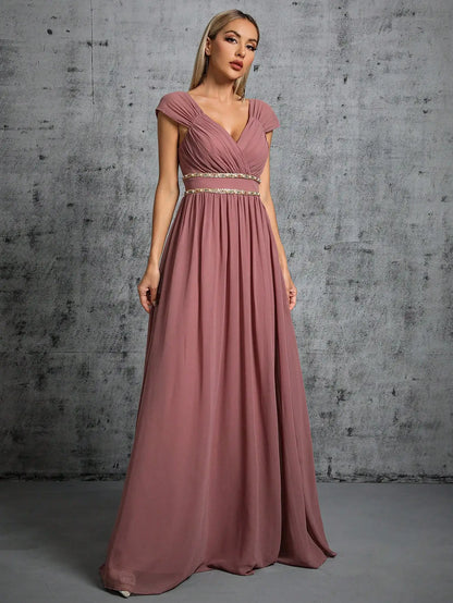 V-neck card shoulder folded colorful chain chiffon large swing party dress