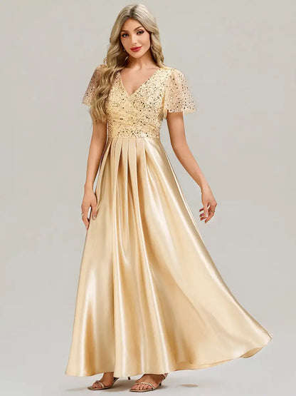 V-Neck Ruffle Applique Evening Dress