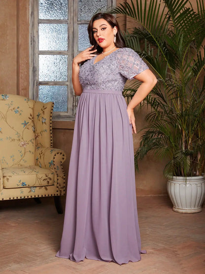 V-neck romantic three-dimensional floral short-sleeved chiffon long dress with patchwork