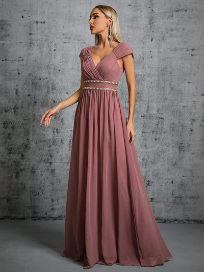 V-neck card shoulder folded colorful chain chiffon large swing party dress