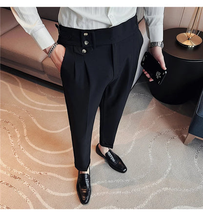 2025 Spring Autumn Men High Waist Belt Design Casual Slim Formal Dress Pant Men Social Office Wedding Party Dress Suit Pants