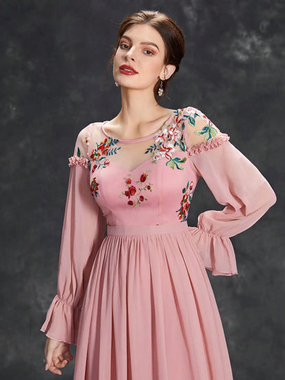 Embroidered Chiffon Long Sleeve Ball Dress