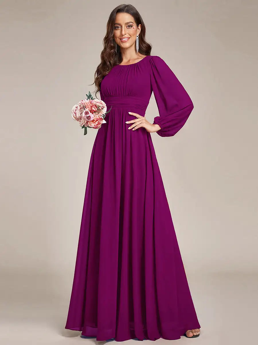 JAEL Classic Evening Dress - Round Neck A-Line Bridesmaid Dress with Lantern Sleeves