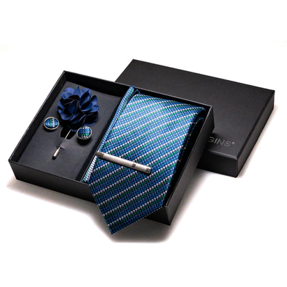 Navy blue Silk Necktie Paisley Floral Mens Tie Pocket Square Cufflinks Set Quality Business Wedding Birthday Gift Box Gravatas - BOC-WEAR