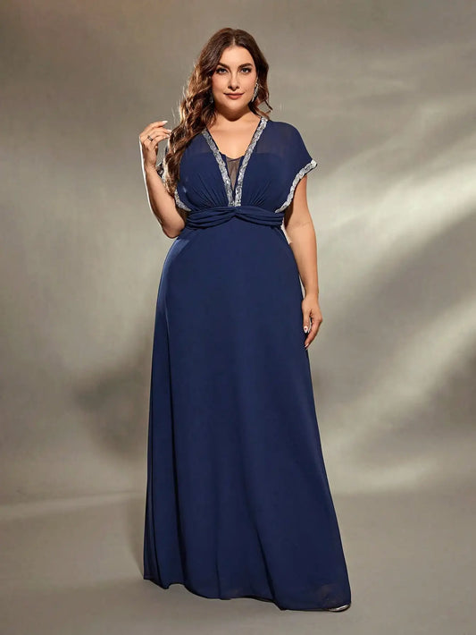 Mgiacy plus size V-neck Silver sequin Lace Bat-sleeve waist kink A swing long dress Evening gown Ball dress Party dress