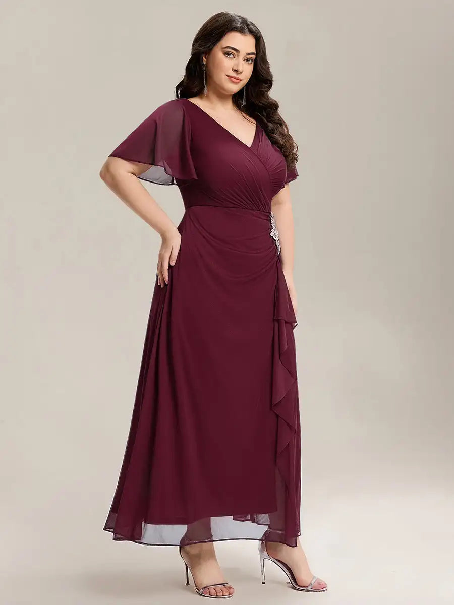 Plus Size Ruffled V-Neck Slit Maxi Dress