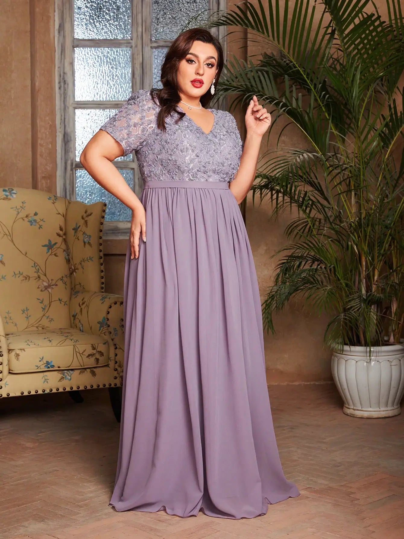 V-neck romantic three-dimensional floral short-sleeved chiffon long dress with patchwork