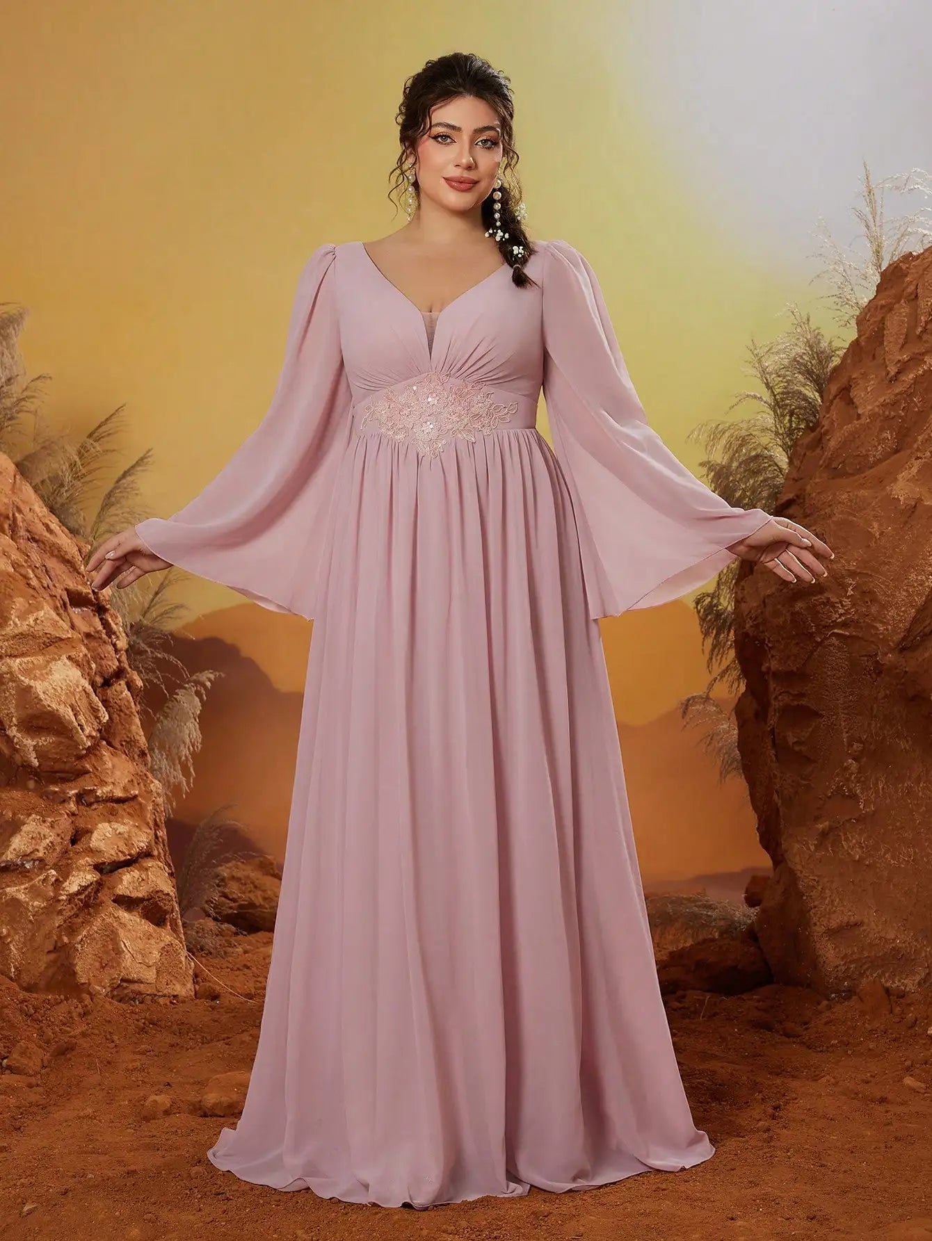 Mgiacyv-neck pearl chiffon irregular sleeves with a shorter front and longer back hem high-end evening dress