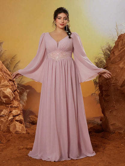 Mgiacyv-neck pearl chiffon irregular sleeves with a shorter front and longer back hem high-end evening dress