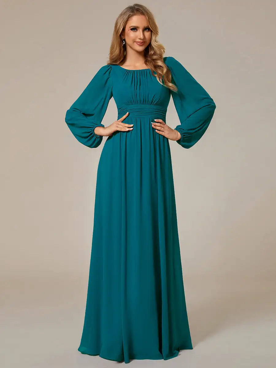 JAEL Classic Evening Dress - Round Neck A-Line Bridesmaid Dress with Lantern Sleeves
