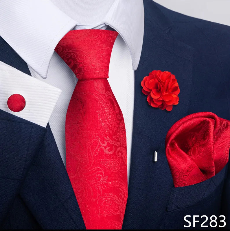 Luxury Men's Floral Tie Set - Black Gold Paisley Necktie with Pocket Square, Cufflinks & Brooch - BOC-WEAR