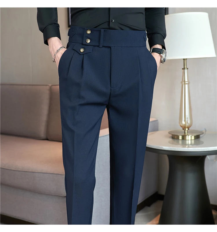 2025 Spring Autumn Men High Waist Belt Design Casual Slim Formal Dress Pant Men Social Office Wedding Party Dress Suit Pants