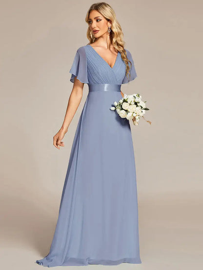 Double V-Neck Ruffled Evening Dress