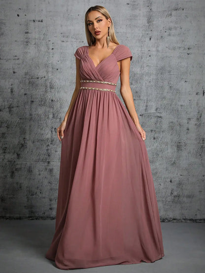 V-neck card shoulder folded colorful chain chiffon large swing party dress