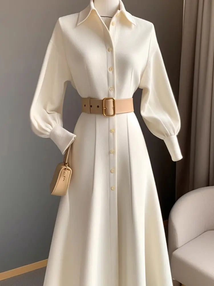 Women's Elegant White Shirt Dress - Korean Style A-Line Waist Cinching Dress for Work & Church - BOC-WEAR