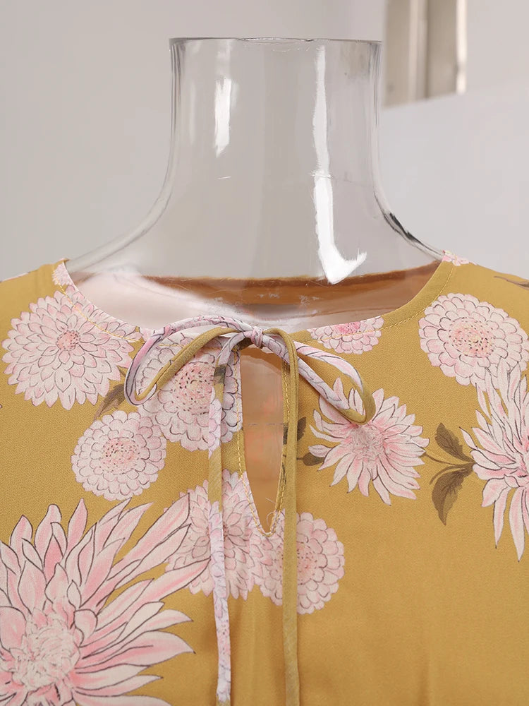 BOC-WEAR LANMREM Pleated Long Dress - Floral Print Lace-Up Dress for Church - BOC-WEAR