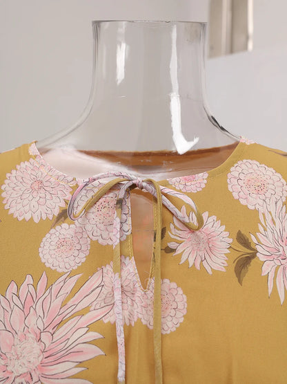 BOC-WEAR LANMREM Pleated Long Dress - Floral Print Lace-Up Dress for Church - BOC-WEAR