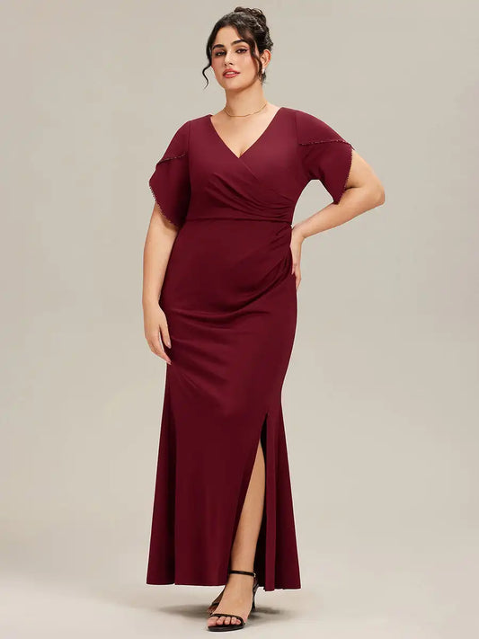 Plus Size Evening Dresses Short Sleeve Deep V-Neck Thigh-High Slit 2025 Ever Pretty of Fishtail knit Burgundy Bridesmaid dress