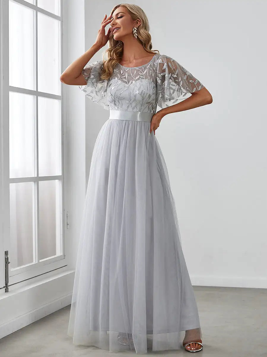 Round Neck Ruffle Sleeve Evening Gown
