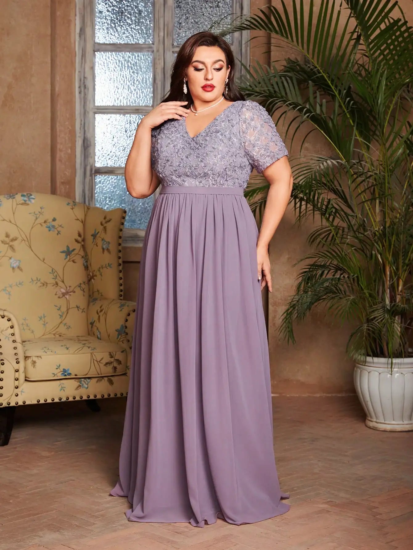 V-neck romantic three-dimensional floral short-sleeved chiffon long dress with patchwork